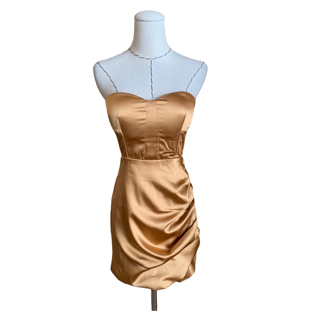 Sale! Naked Wardrobe The Statement Bustier Strapless Draped Gold Satin Dress XS